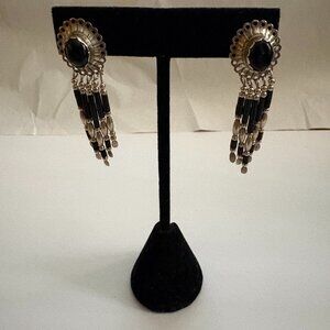 Vintage sterling silver & onyx filigree flapper dangle earrings